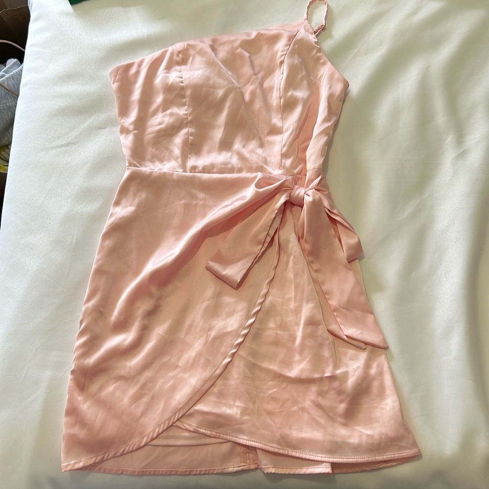 Altered State Pink One Shoulder Faux Wrap Mini Dress